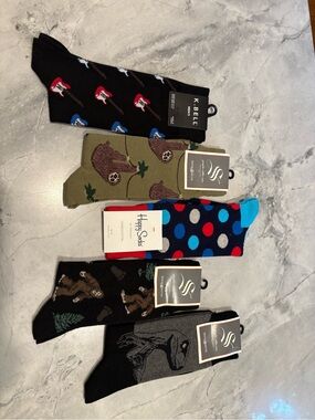 5 Pairs Men’s Novelty Crew Socks NWT | Guitar Sloth Sasquatch Raven Polka Dot